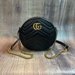 Gucci GG Marmont Round Mini Black Matelassé Leather Crossbody Bag